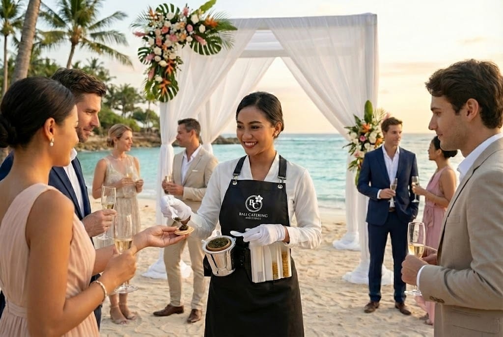 A staff member serving caviar to guests at a Bali gathering