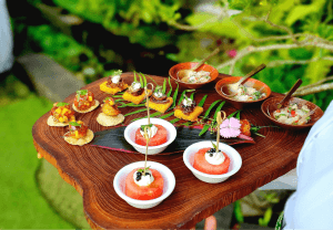 A spread of canapes served by a caterer at a wedding in Bali