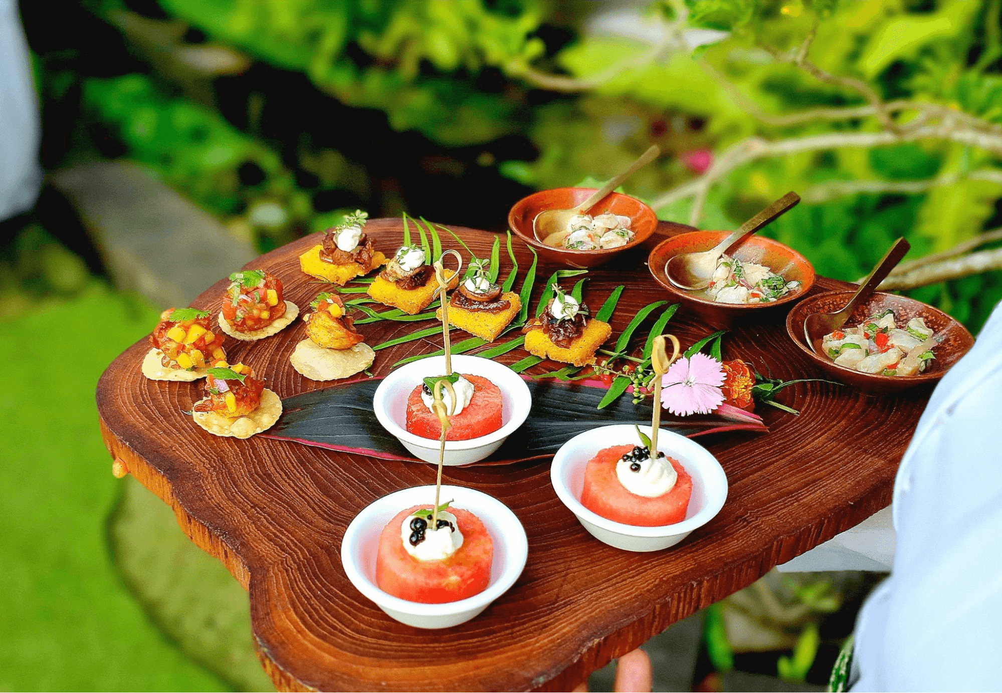 A spread of canapes served by a caterer at a wedding in Bali