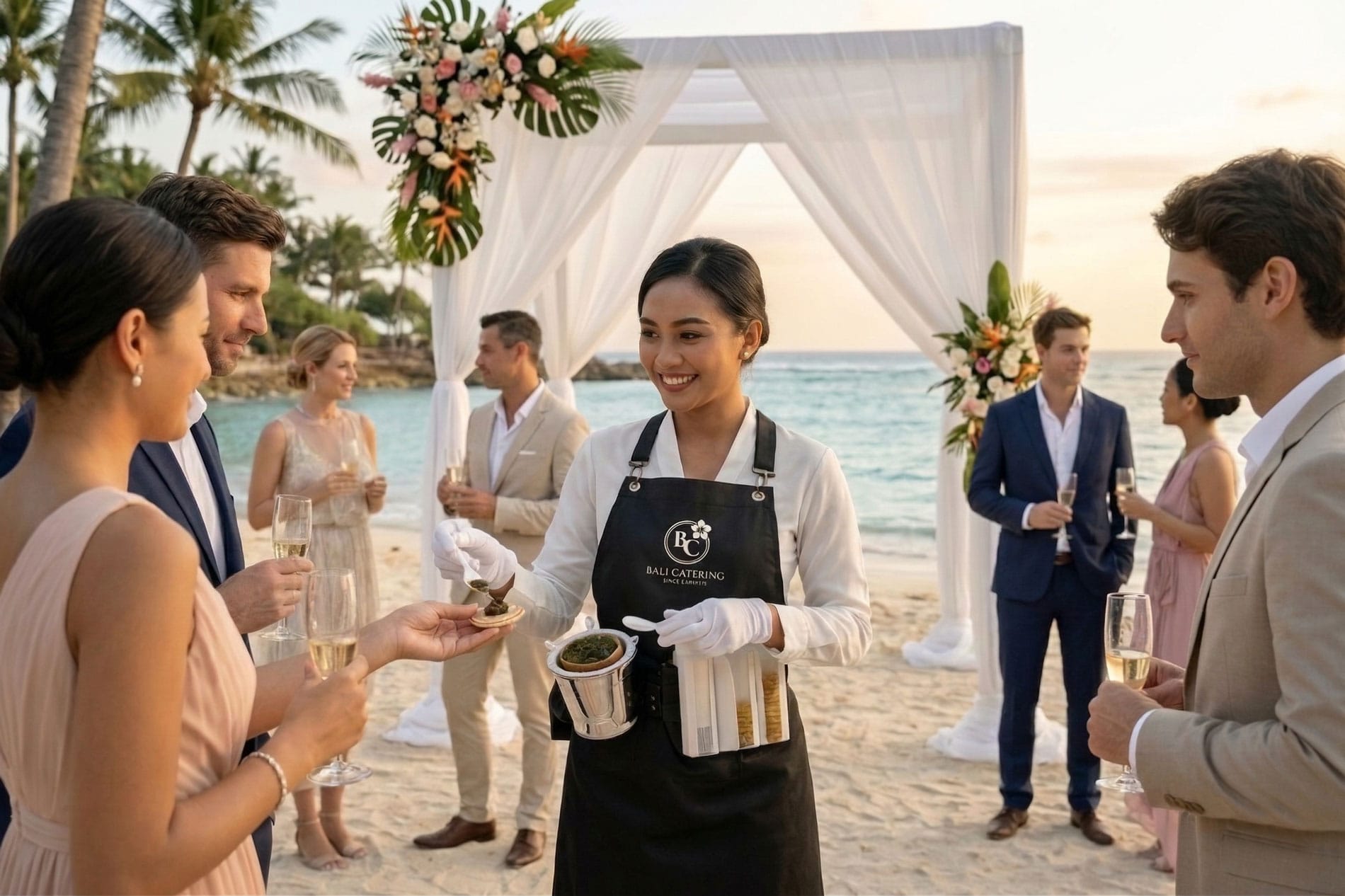 A staff member serving caviar to guests at a Bali gathering