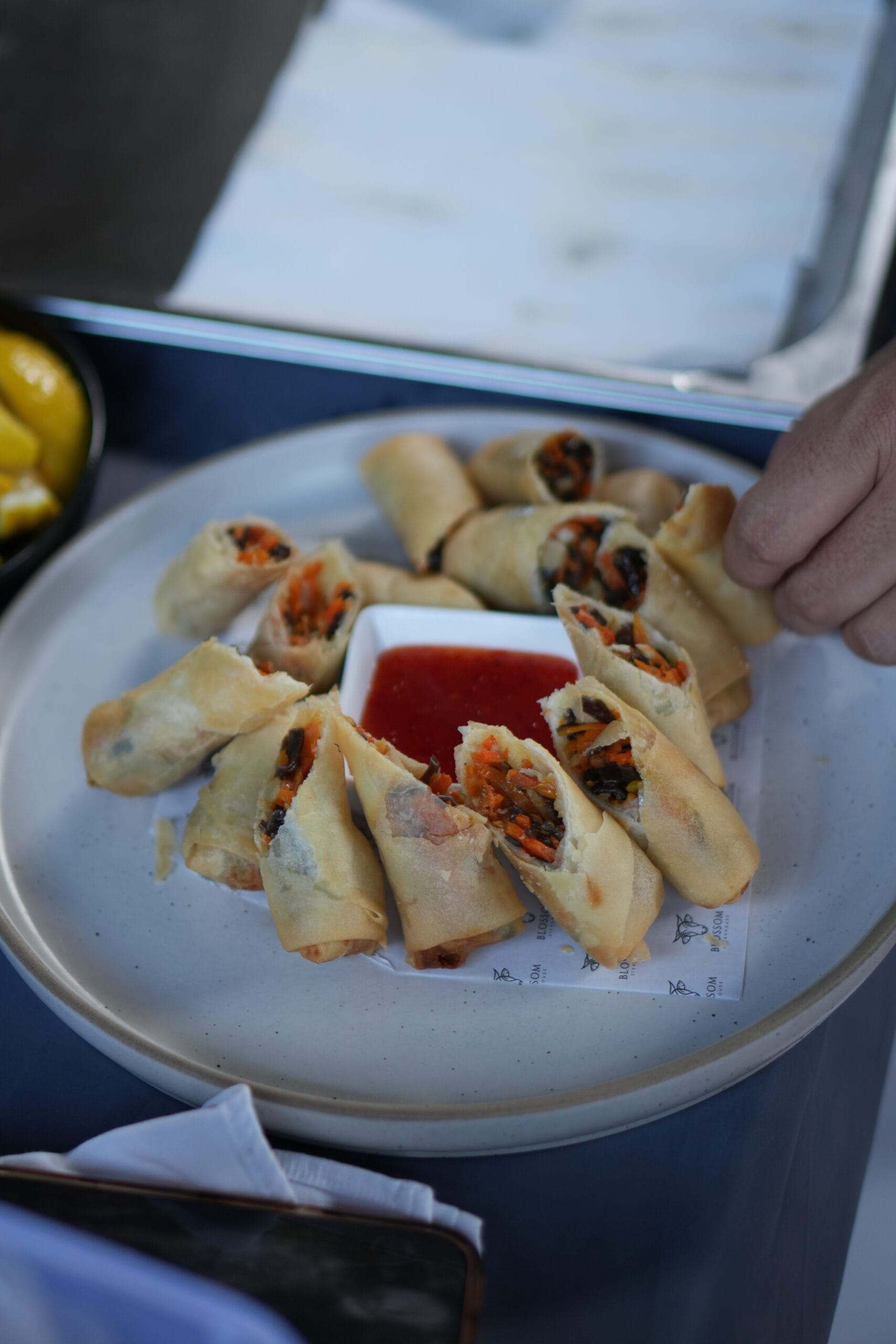 A plate of spring rolls at a catering event in Ubud