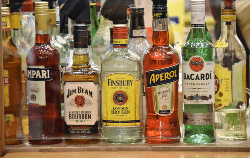 Spirit bottles lined up in a row
