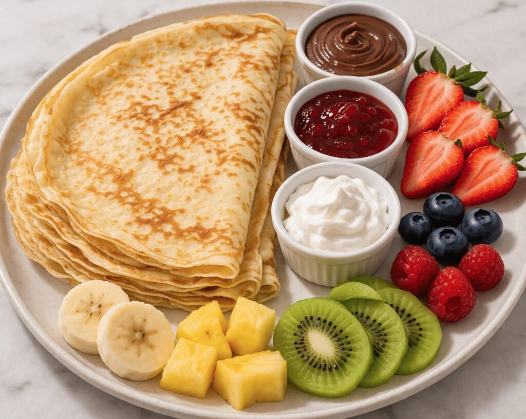 A crepe searved with fruits and spreads