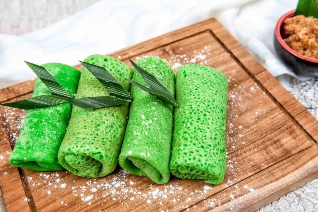 A dadar gulung, a traditional Balinese pancake, traditionally served at Bali weddings