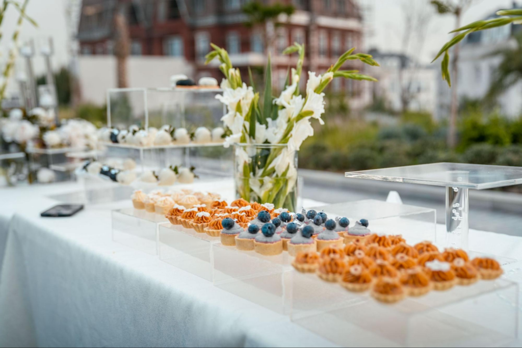 A buffet dessert station at a wedding