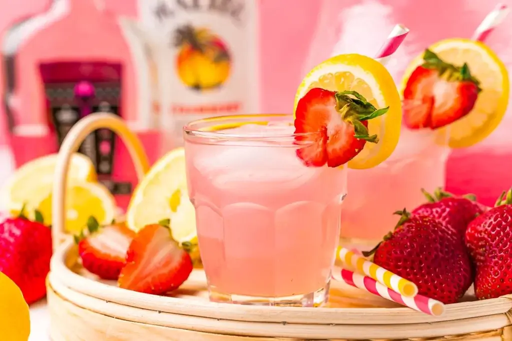 A refreshing pink coloured mocktail with a strawberry and lemon garnish