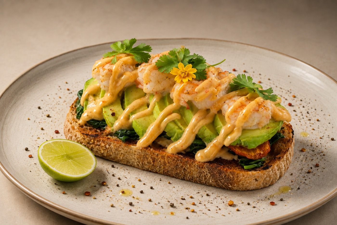 A plated piece of toast with avocado, prawn, spinach and garnish with sliced lime on the side