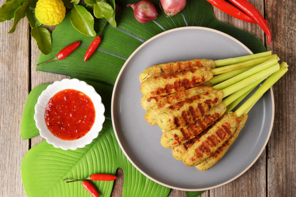 Sate Lilit with chili sauce on the side